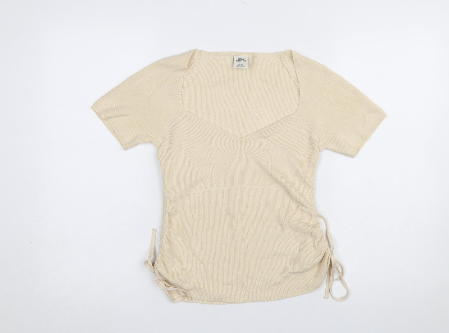 Urban Outfitters Women Beige V-Neck Short Sleeve Knit Jumper XL