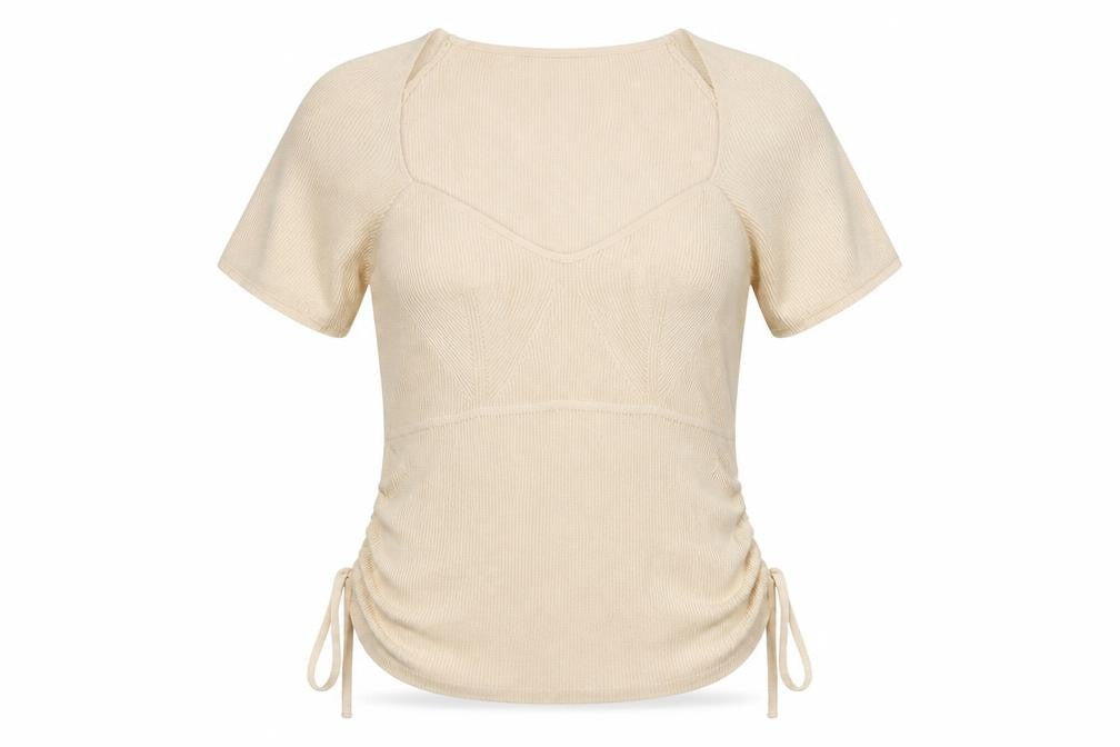Urban Outfitters Women Beige V-Neck Short Sleeve Knit Jumper XL