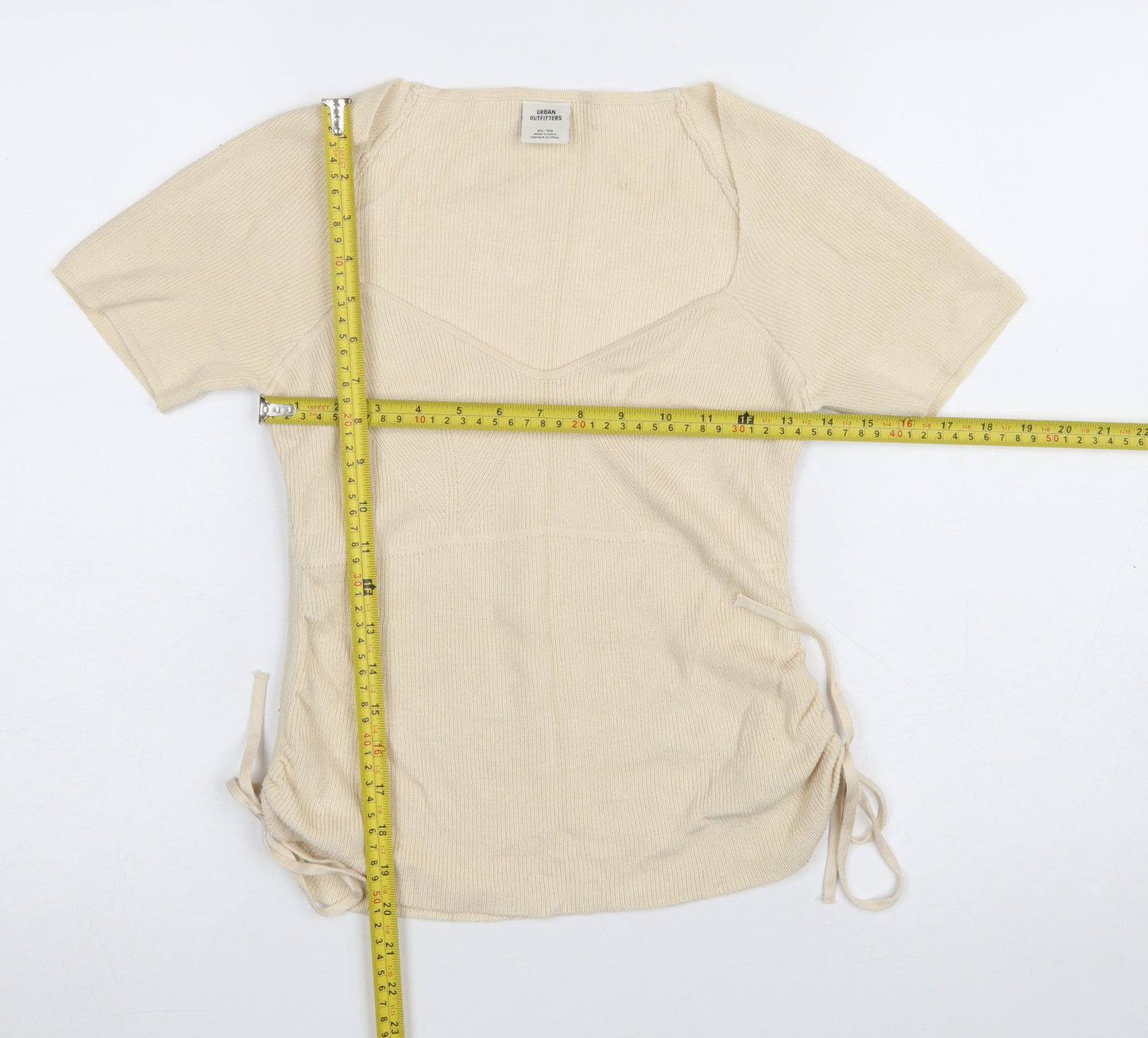 Urban Outfitters Women Beige V-Neck Short Sleeve Knit Jumper XL