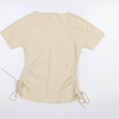 Urban Outfitters Women Beige V-Neck Short Sleeve Knit Jumper XL