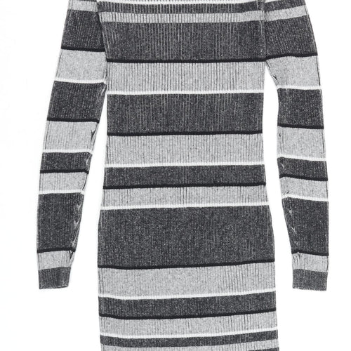 Next Women Grey Striped Roll Neck Knit Bodycon Dress Size 6