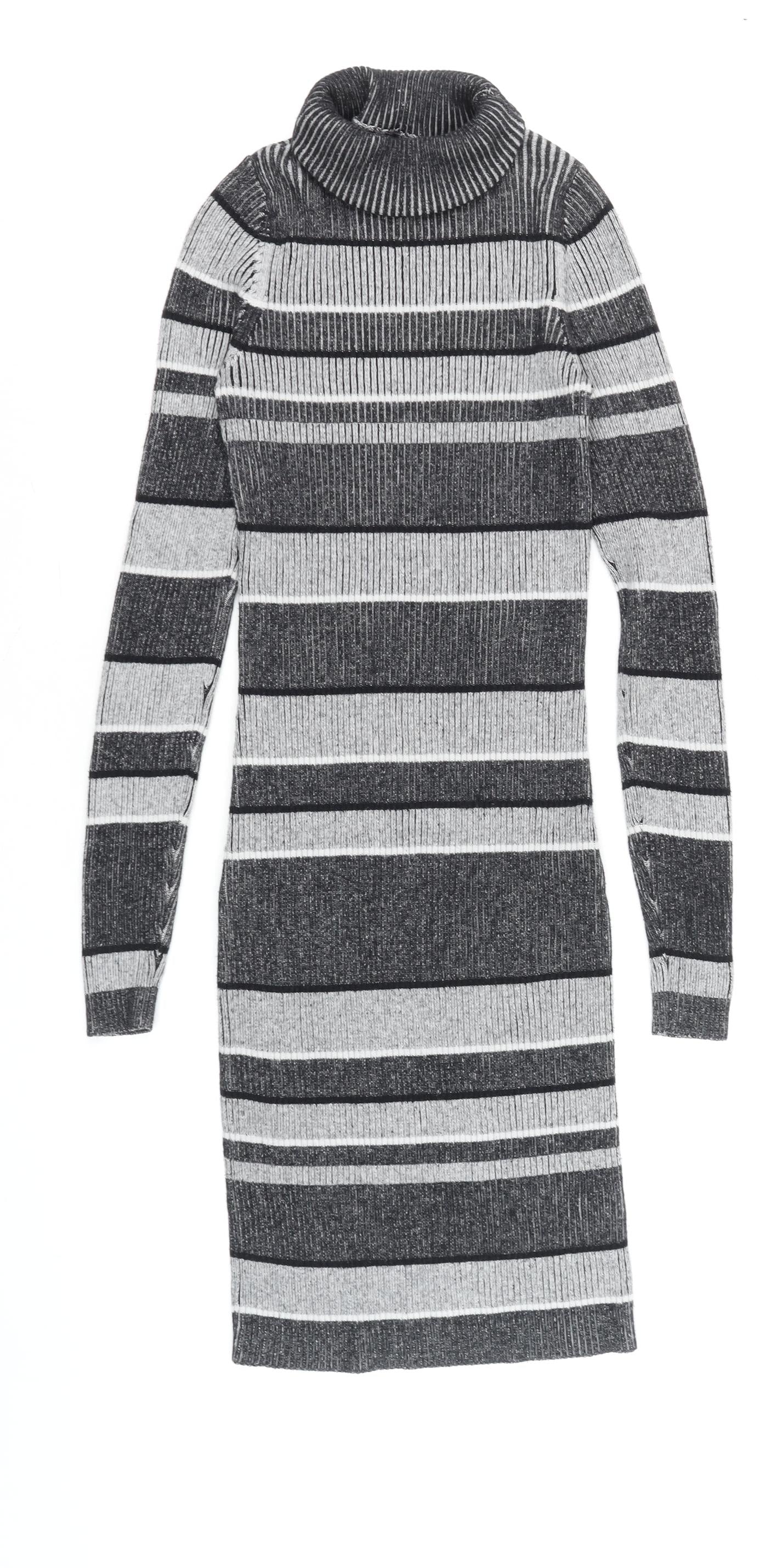 Next Women Grey Striped Roll Neck Knit Bodycon Dress Size 6