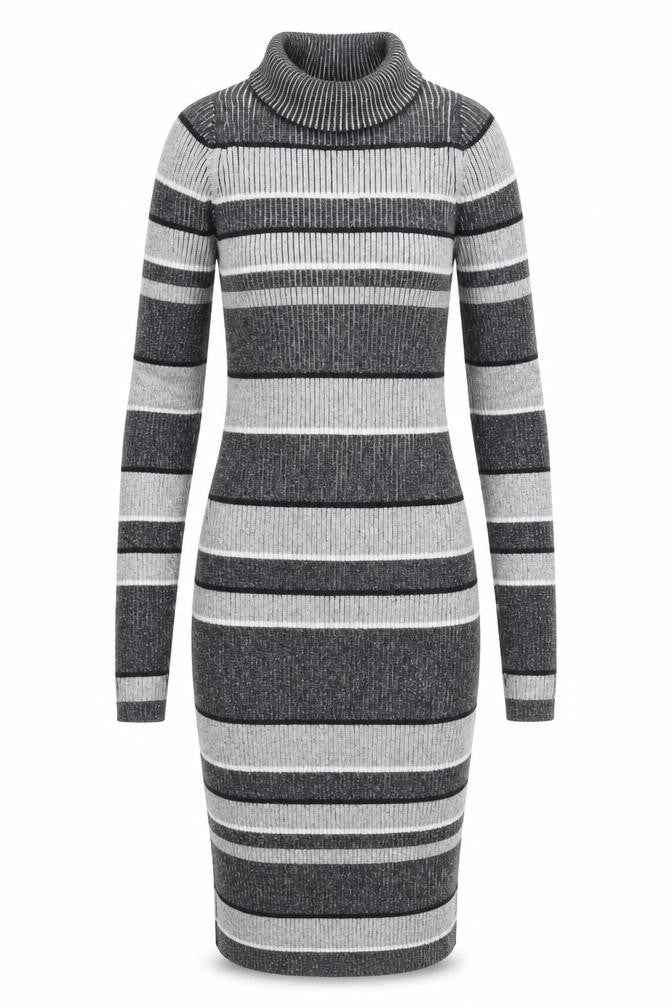 Next Women Grey Striped Roll Neck Knit Bodycon Dress Size 6