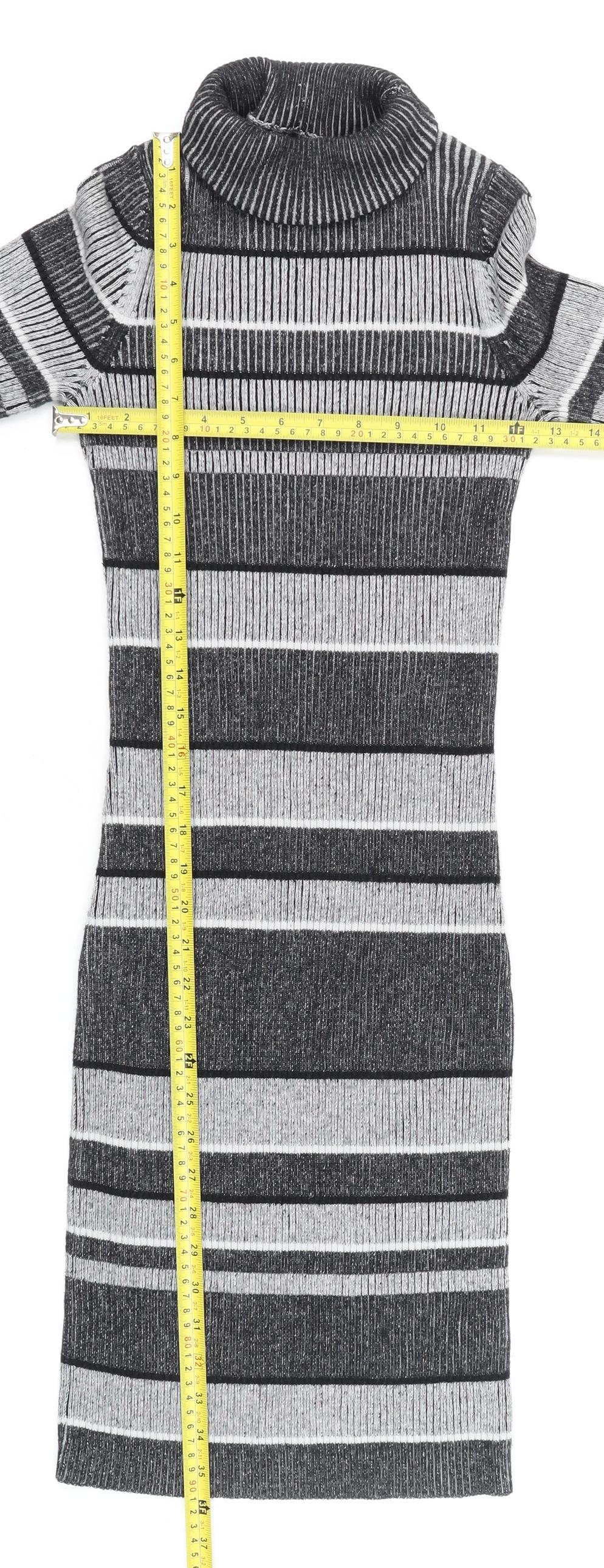Next Women Grey Striped Roll Neck Knit Bodycon Dress Size 6