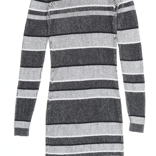 Next Women Grey Striped Roll Neck Knit Bodycon Dress Size 6