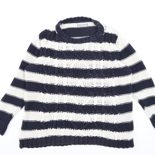 Marks and Spencer Women Blue White Striped Cotton Crew Neck Jumper M