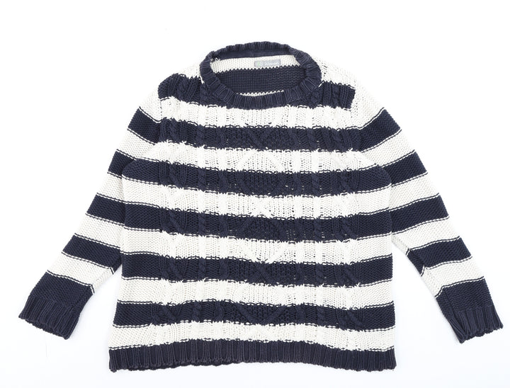 Marks and Spencer Women Blue White Striped Cotton Crew Neck Jumper M