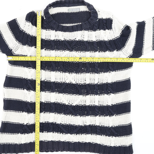 Marks and Spencer Women Blue White Striped Cotton Crew Neck Jumper M