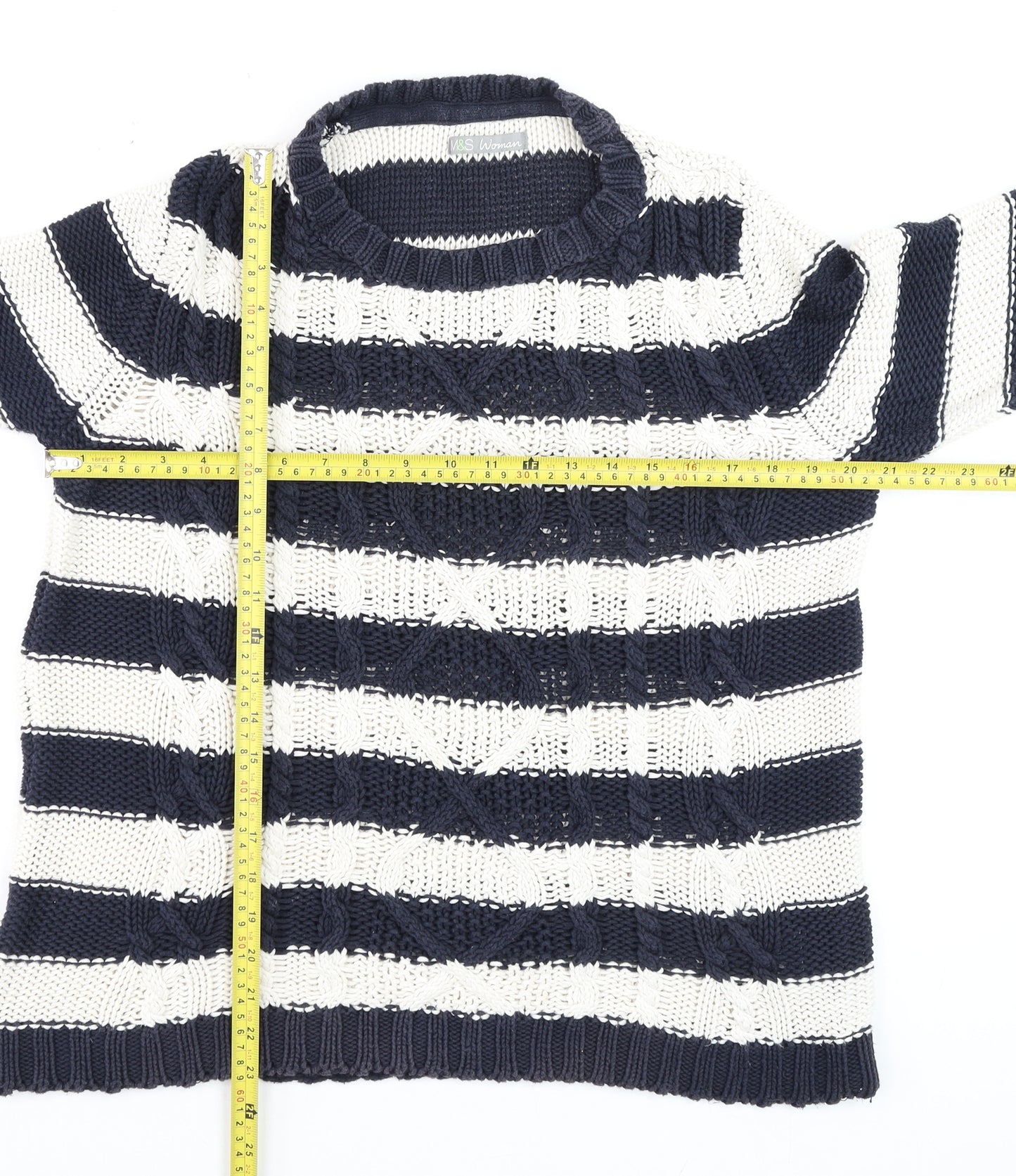 Marks and Spencer Women Blue White Striped Cotton Crew Neck Jumper M