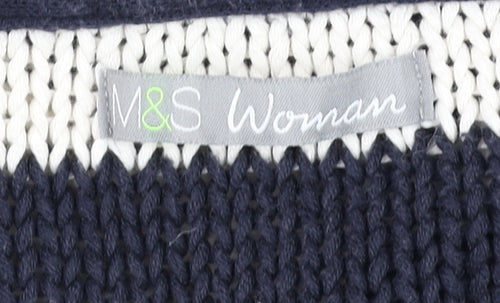 Marks and Spencer Women Blue White Striped Cotton Crew Neck Jumper M