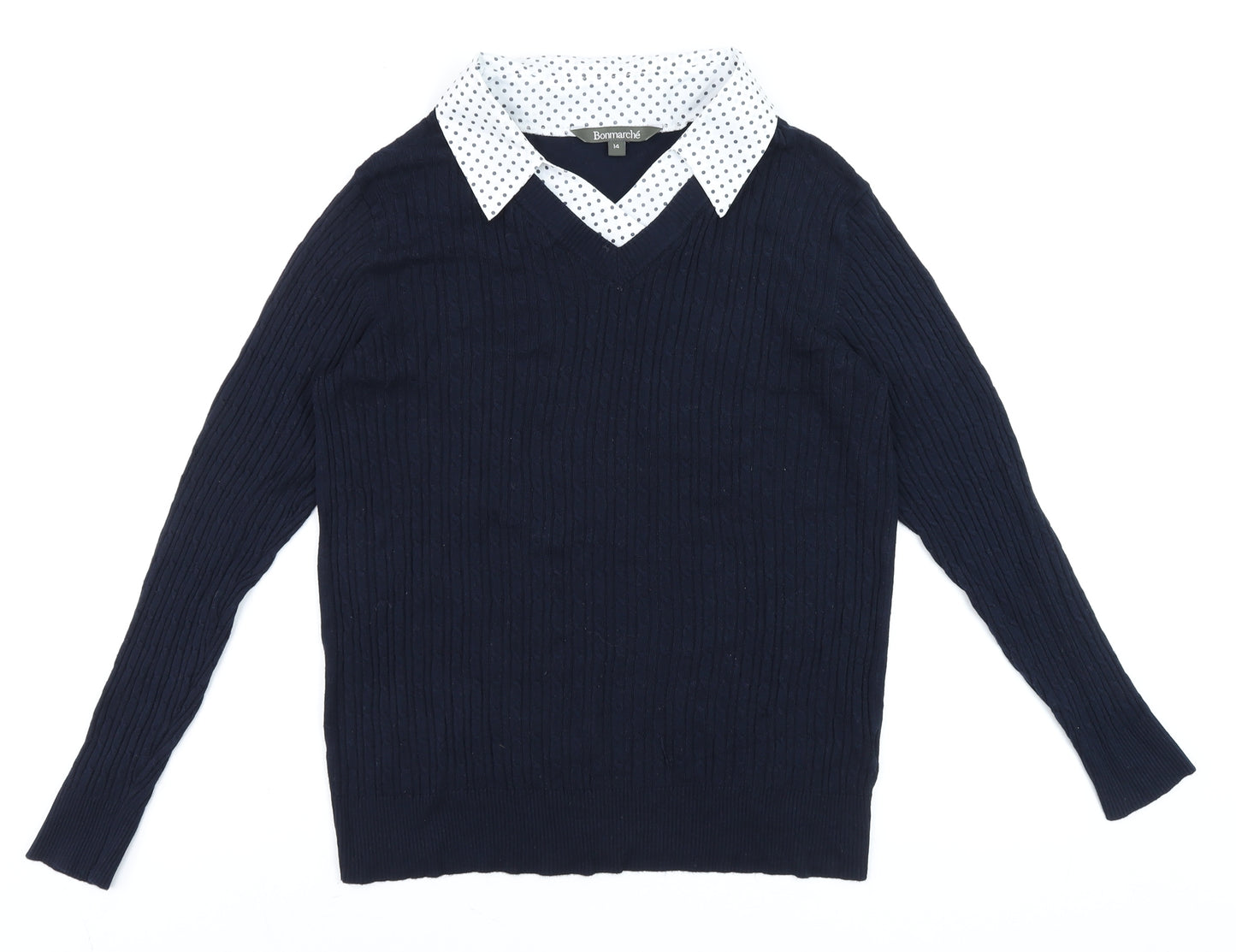 Bonmarché Women Navy Blue Viscose Knit Collared Jumper Size 14