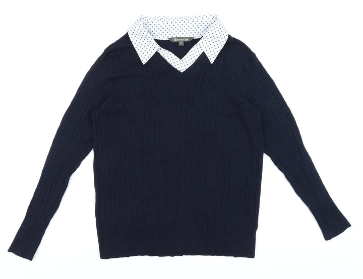 Bonmarché Women Navy Blue Viscose Knit Collared Jumper Size 14