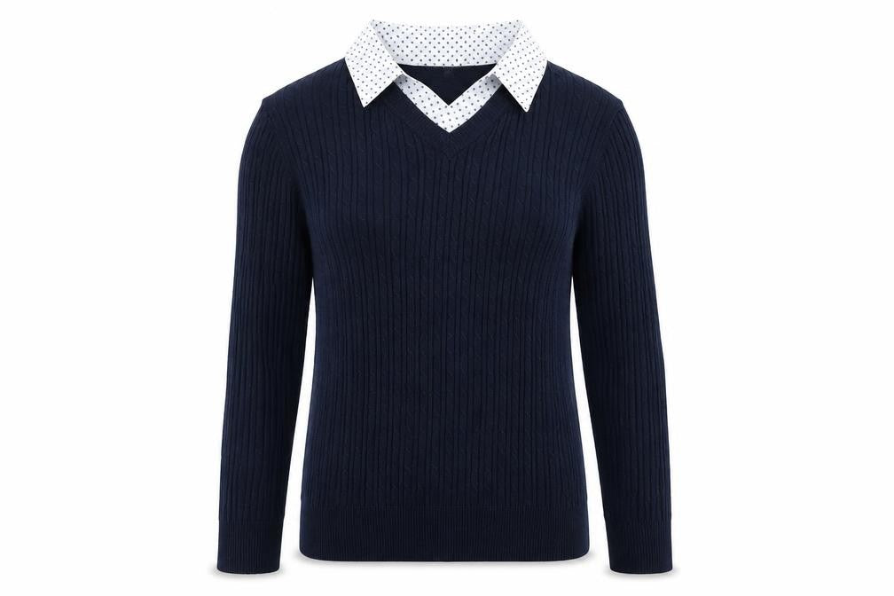 Front view of Bonmarché Women Navy Blue Viscose Knit Collared Jumper, size 14