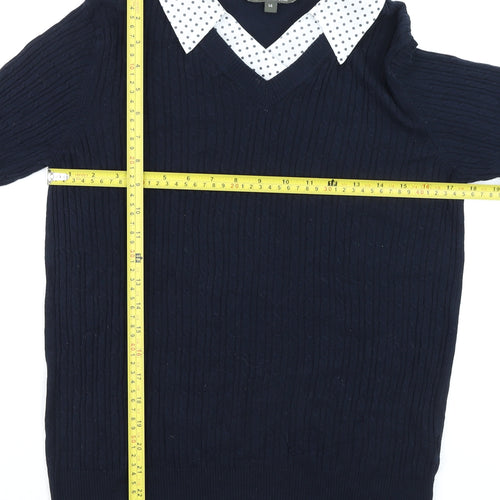 Bonmarché Women Navy Blue Viscose Knit Collared Jumper Size 14