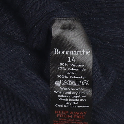 Bonmarché Women Navy Blue Viscose Knit Collared Jumper Size 14