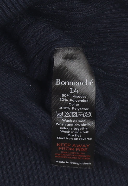 Bonmarché Women Navy Blue Viscose Knit Collared Jumper Size 14