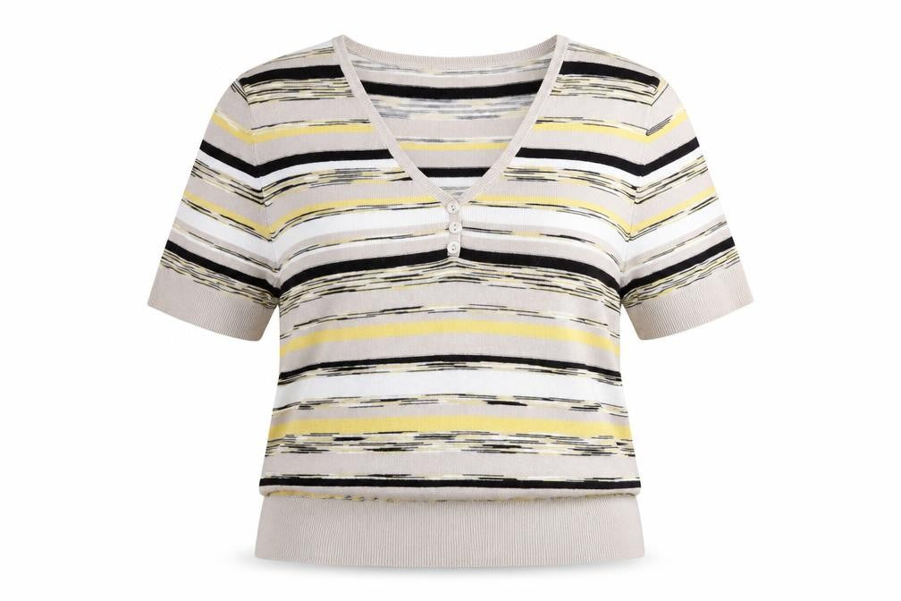 Front view of Country Casuals women’s multicoloured striped v-neck short sleeve knit blouse xl