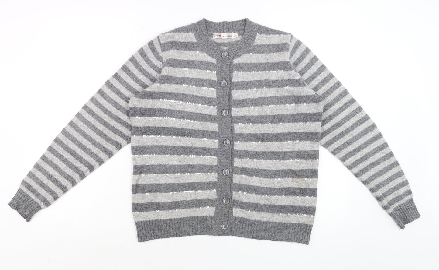 EWM Women Grey Striped Wool Angora Sequin Cardigan Size 14