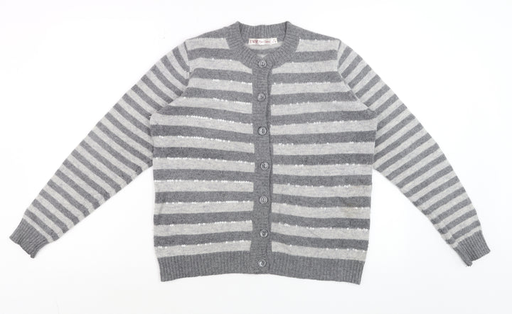 EWM Women Grey Striped Wool Angora Sequin Cardigan Size 14