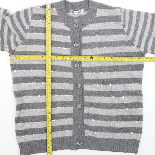 EWM Women Grey Striped Wool Angora Sequin Cardigan Size 14
