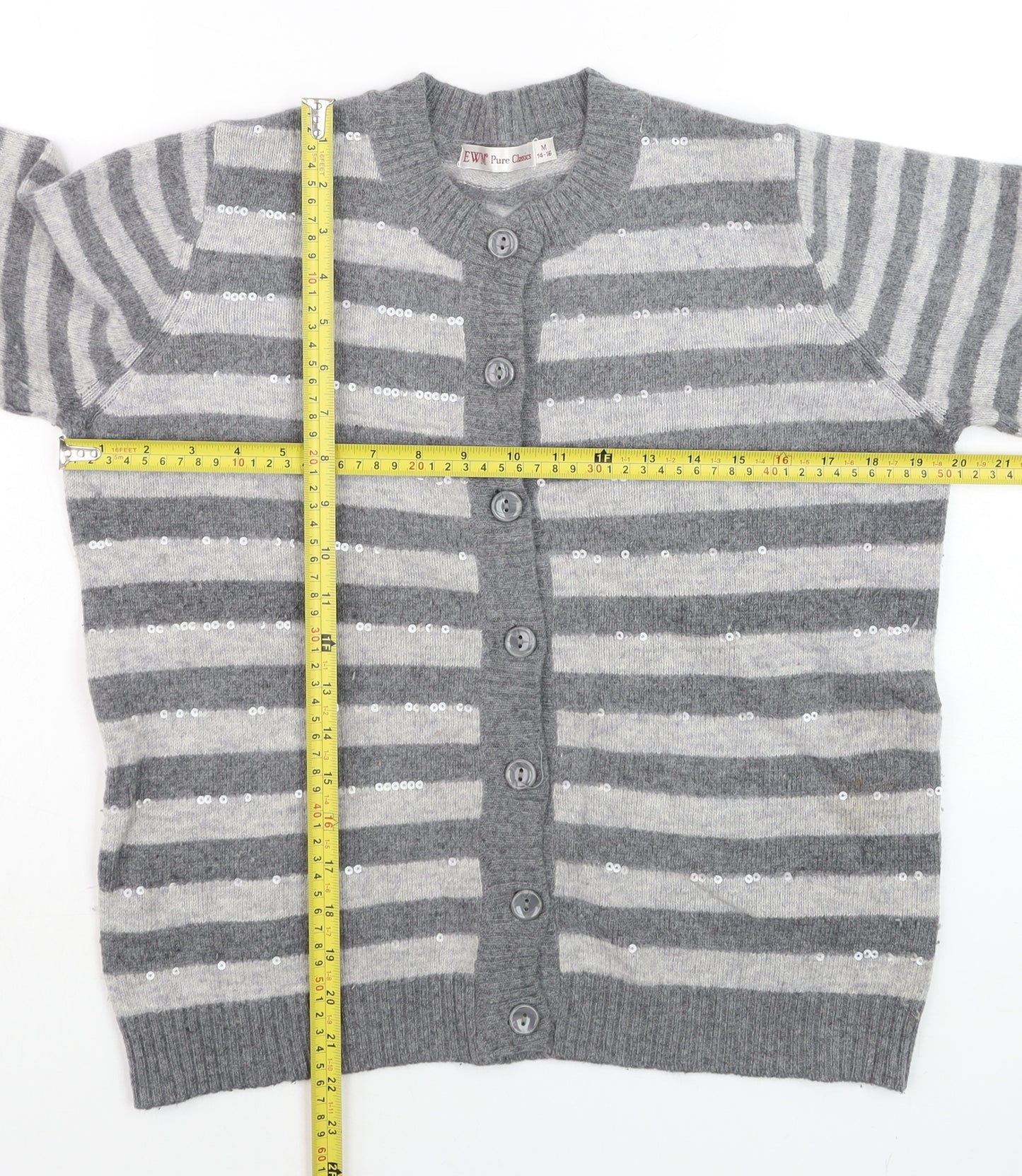 EWM Women Grey Striped Wool Angora Sequin Cardigan Size 14