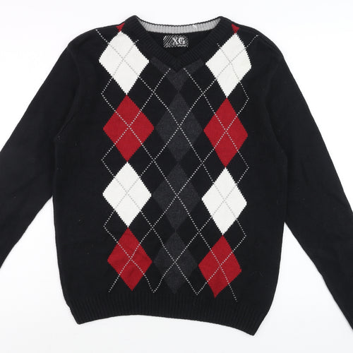 XG Men's Black Argyle V-Neck Cotton Blend Jumper Size L