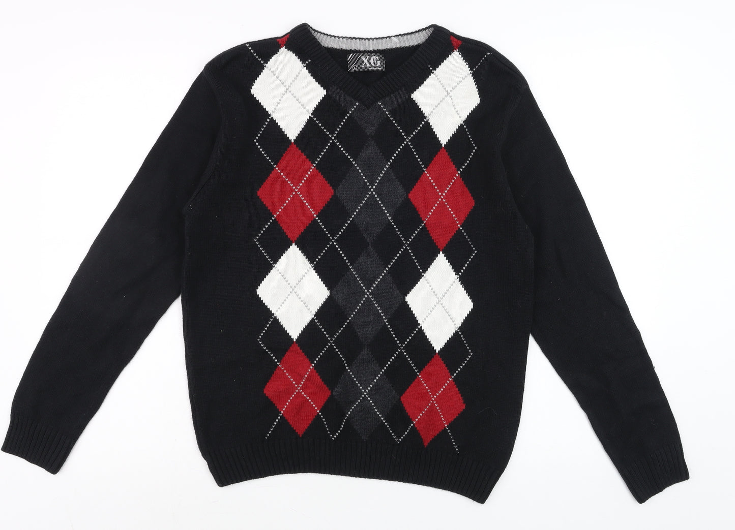 XG Men's Black Argyle V-Neck Cotton Blend Jumper Size L