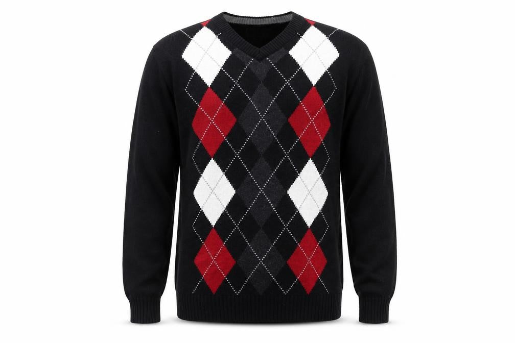 Front view of XG Men's Black Argyle V-Neck Cotton Blend Jumper, size L