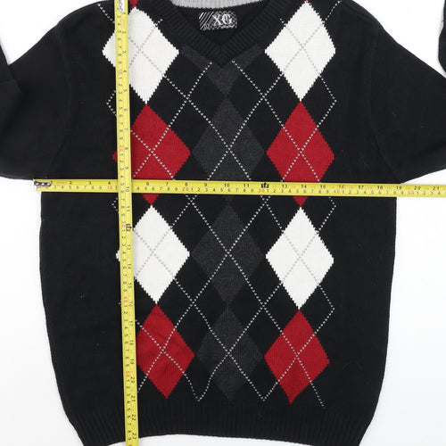 XG Men's Black Argyle V-Neck Cotton Blend Jumper Size L