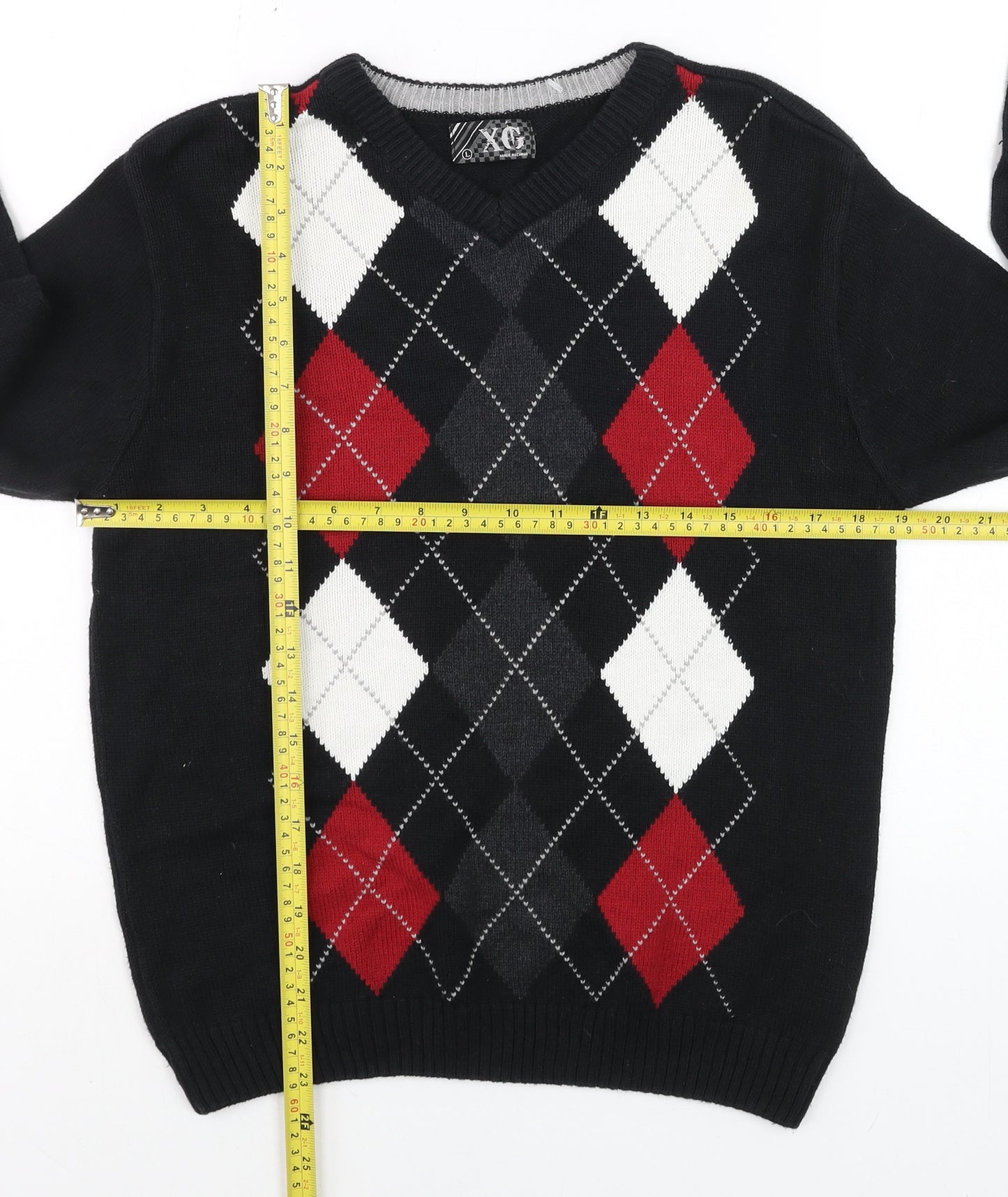 XG Men's Black Argyle V-Neck Cotton Blend Jumper Size L