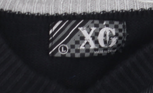XG Men's Black Argyle V-Neck Cotton Blend Jumper Size L
