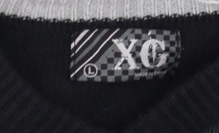XG Men's Black Argyle V-Neck Cotton Blend Jumper Size L
