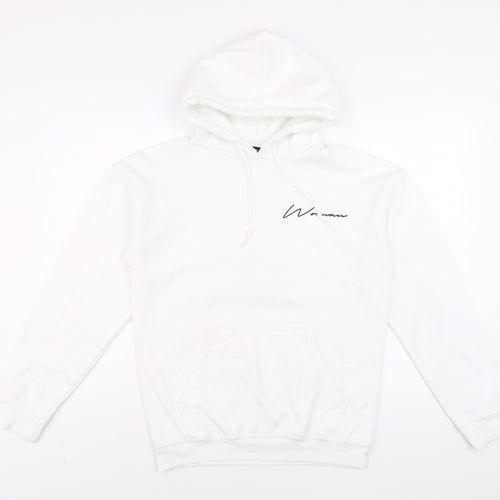 boohoo Men White Small Pullover Hoodie Logo Graphic Cotton Blend