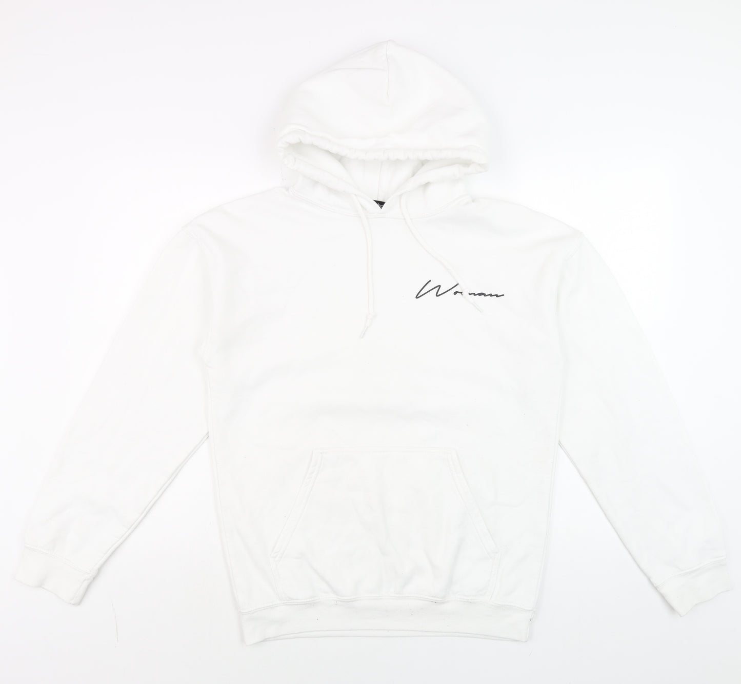 boohoo Men White Small Pullover Hoodie Logo Graphic Cotton Blend