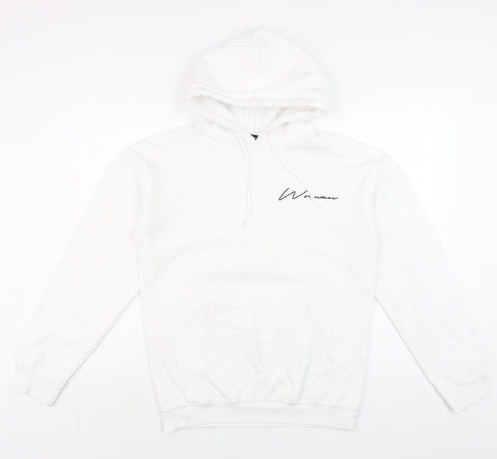 boohoo Men White Small Pullover Hoodie Logo Graphic Cotton Blend