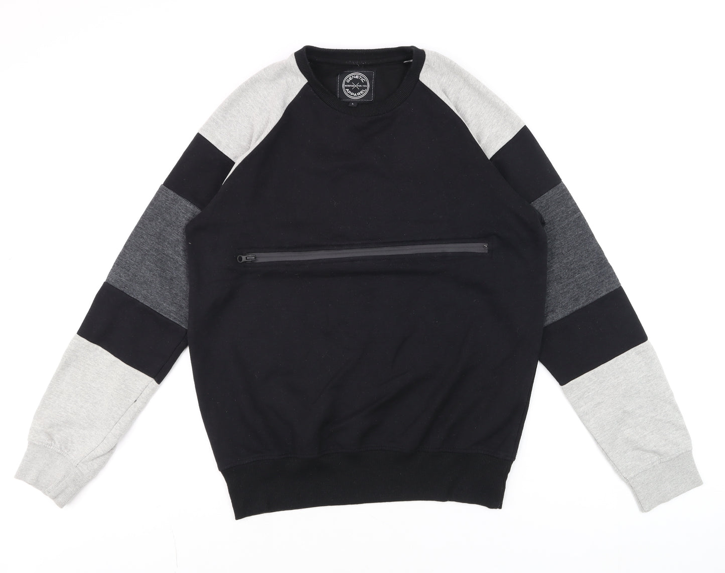 Genetic Apparel Men's Black Pullover Sweatshirt L Crew Neck Zip Pocket