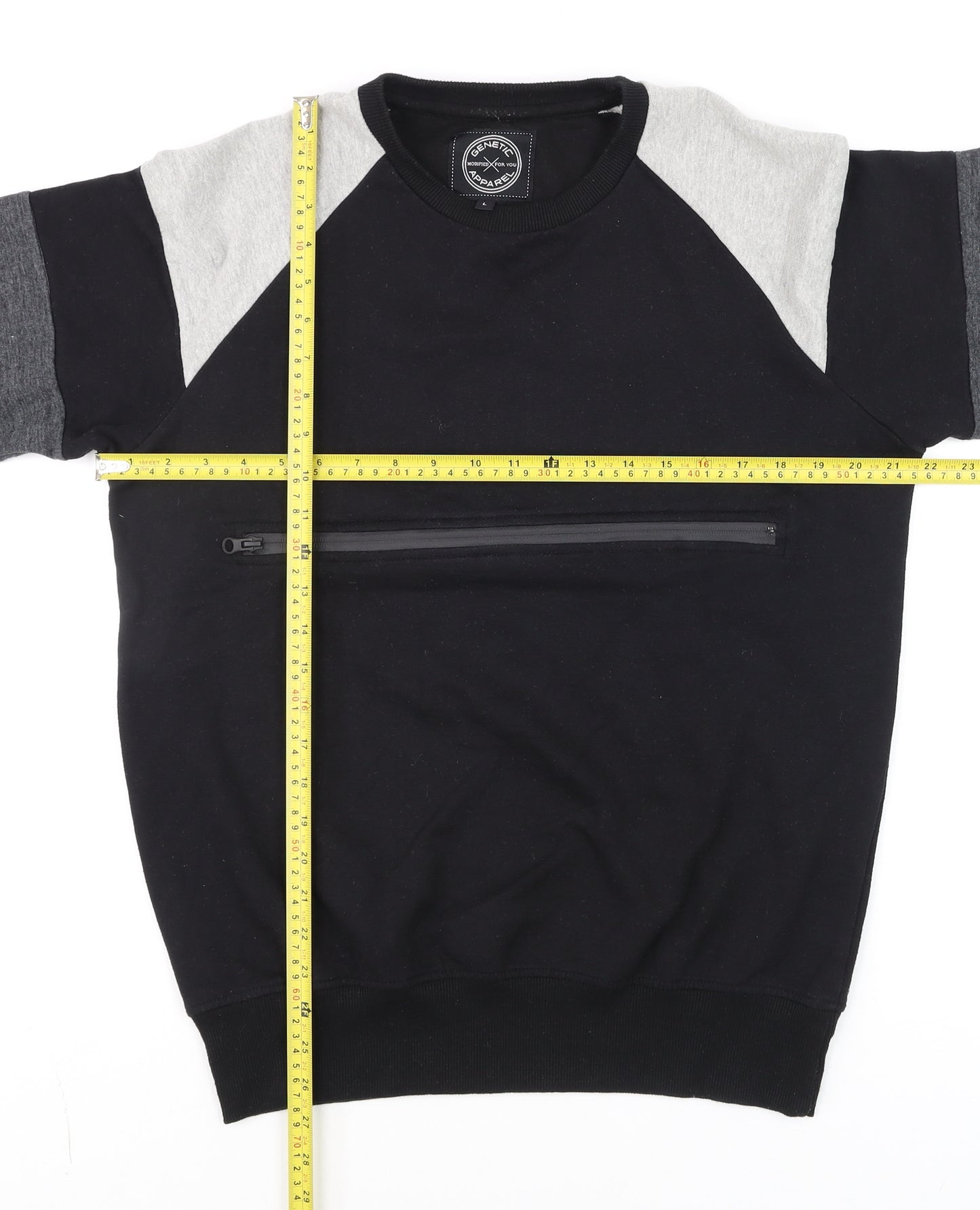 Genetic Apparel Men's Black Pullover Sweatshirt L Crew Neck Zip Pocket