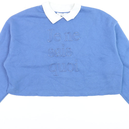 Bershka Women Blue Collared Pullover Sweatshirt Size S