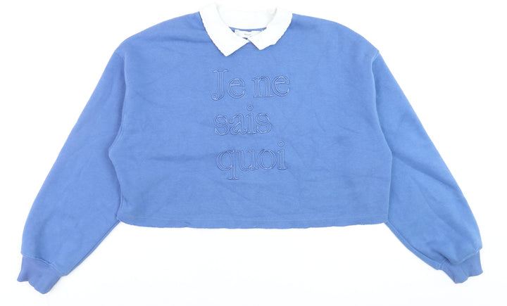 Bershka Women Blue Collared Pullover Sweatshirt Size S