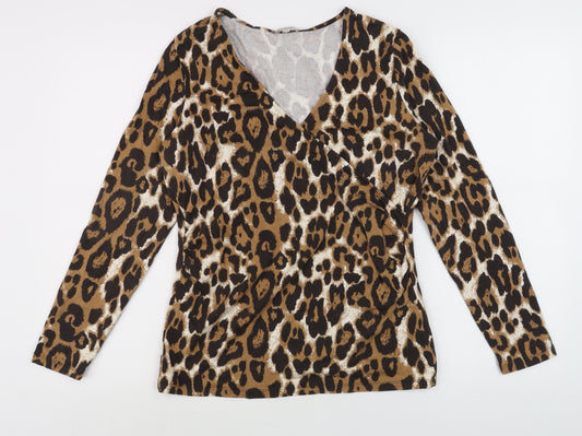Kettlewell Women's Brown Animal Print V-Neck Wrap Long Sleeve Top Size L