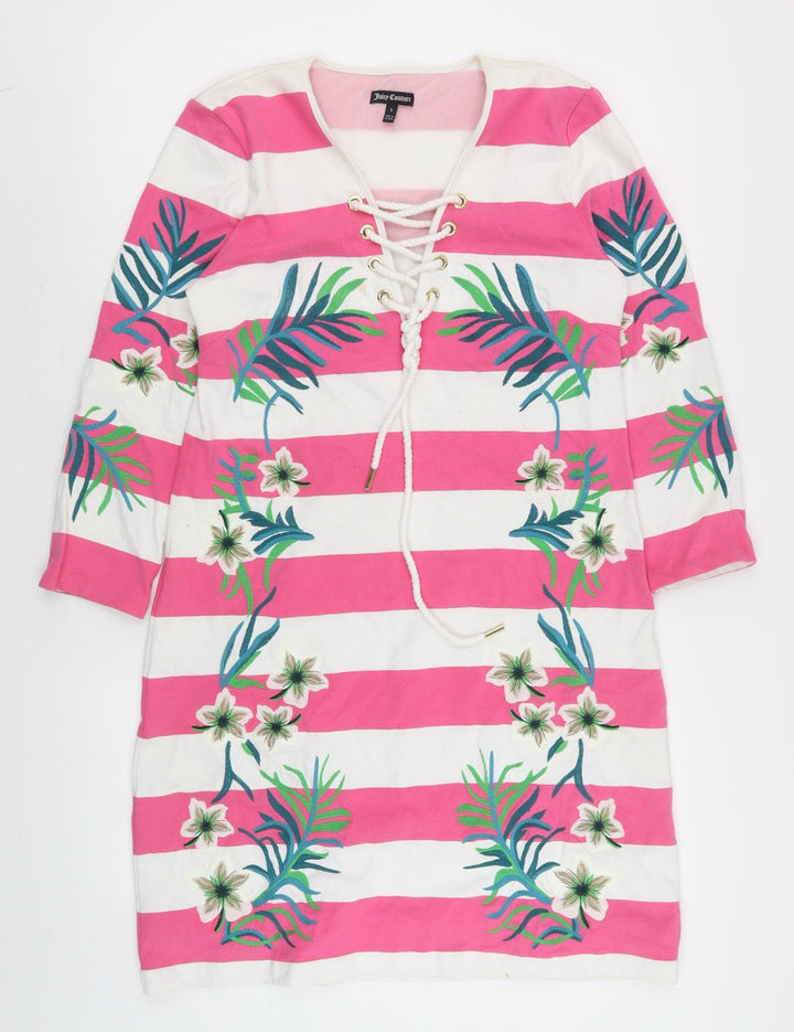 Juicy Couture Womens Pink Striped Embroidered Shift Dress Size 14