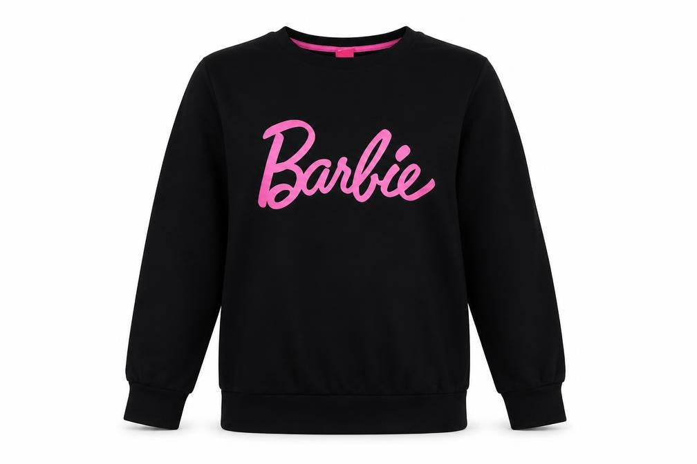 Front view of Barbie girls’ black cotton pullover sweatshirt 10 years long sleeve