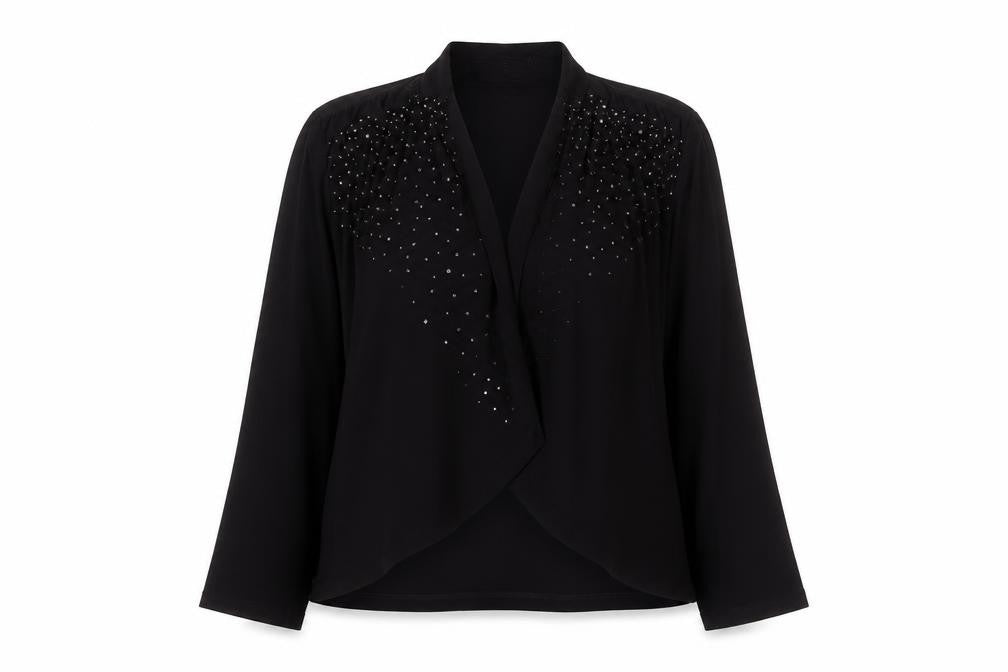 Front view of Ann Harvey Women's Black Beaded Chiffon Jacket, size 2, Formal Evening