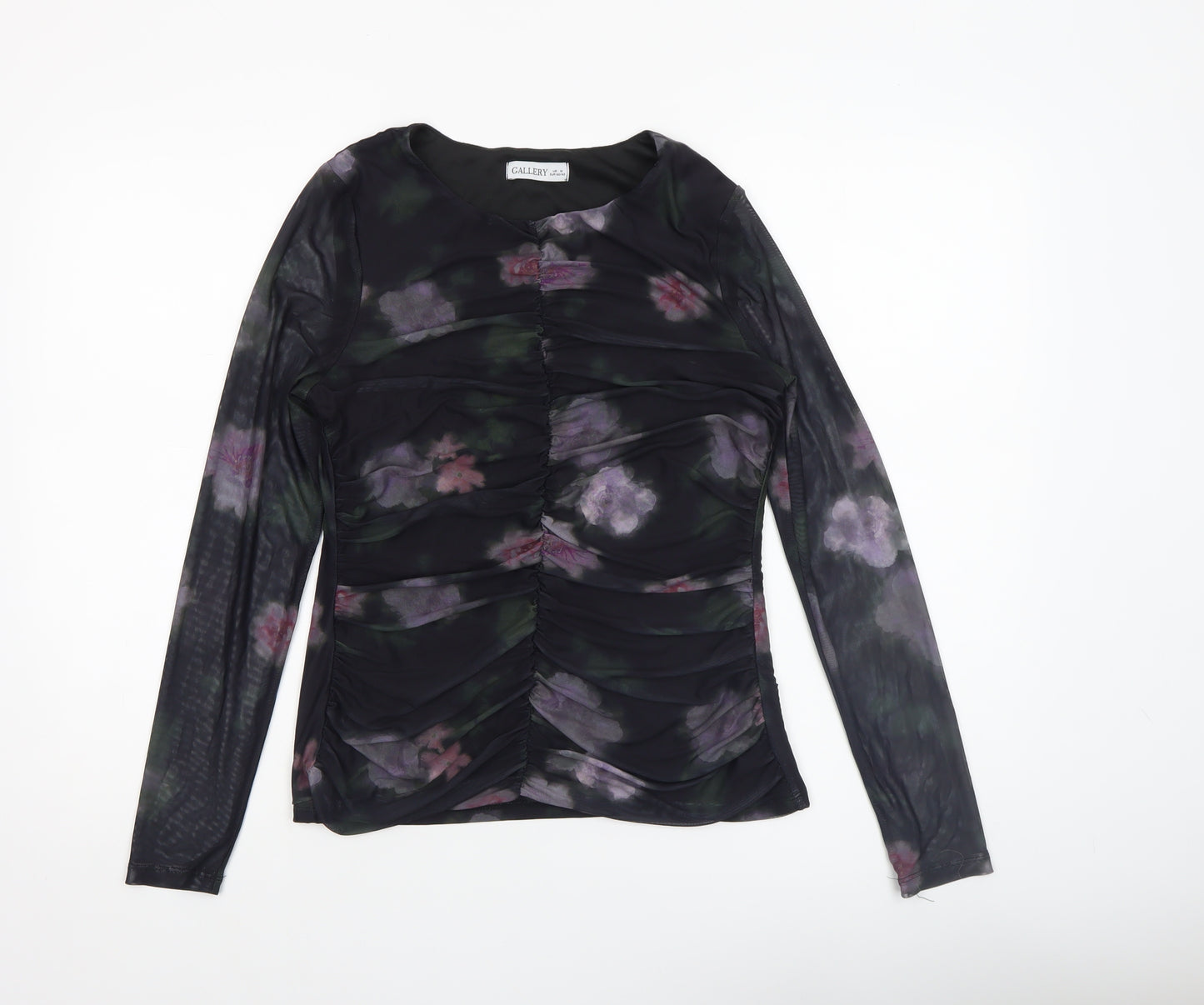 Gallery Womens Multicoloured Floral Mesh Ruched Long Sleeve Tunic Blouse Size M