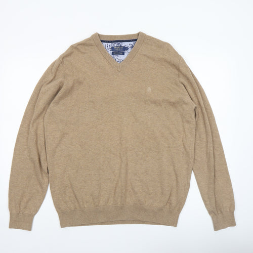 Benetti Men's Beige Cotton V-Neck Jumper L Classic Knitwear