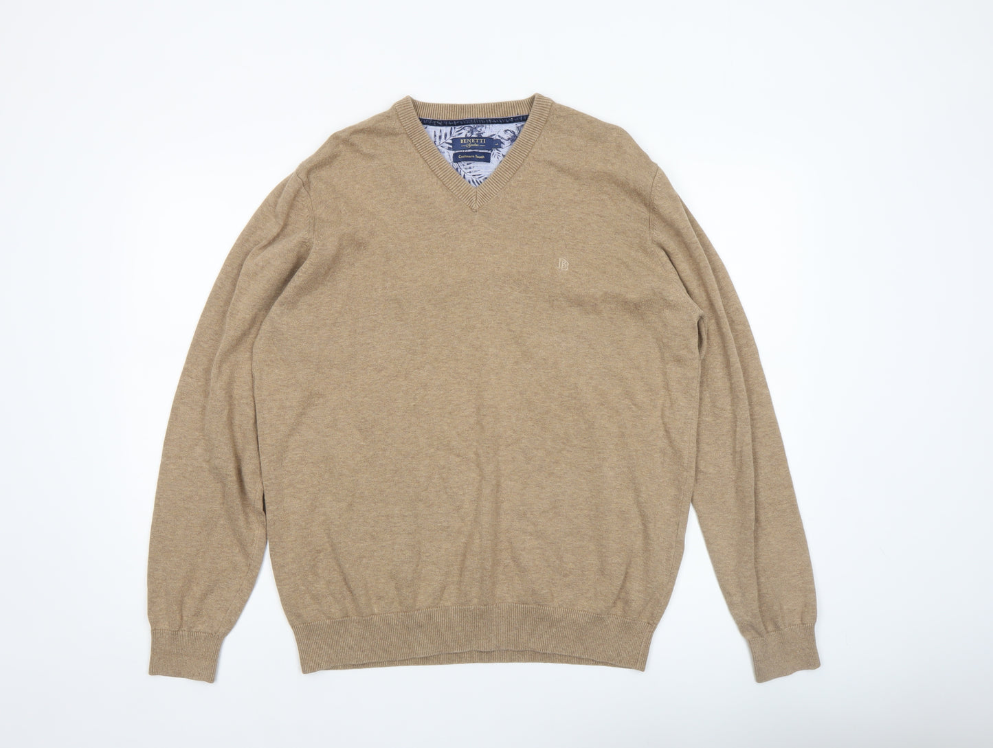 Benetti Men's Beige Cotton V-Neck Jumper L Classic Knitwear