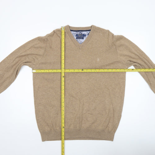 Benetti Men's Beige Cotton V-Neck Jumper L Classic Knitwear