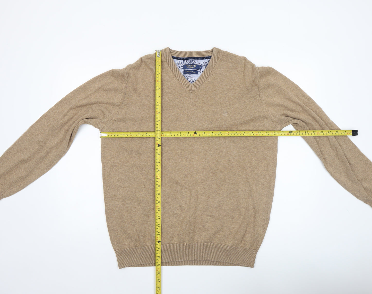 Benetti Men's Beige Cotton V-Neck Jumper L Classic Knitwear