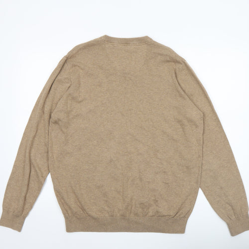 Benetti Men's Beige Cotton V-Neck Jumper L Classic Knitwear