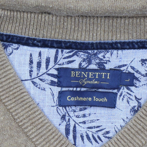 Benetti Men's Beige Cotton V-Neck Jumper L Classic Knitwear